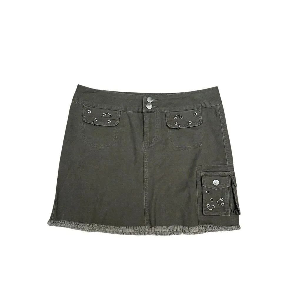 vintage y2k mudd mini mirco cargo skirt army green utility 5 grunge ring details